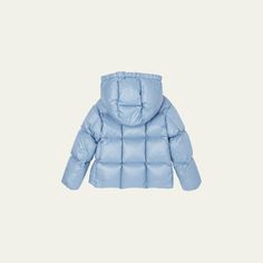 Moncler "Parana" quilted puffer jacket  Stand collar with hood  Hidden two-way zipper at front  Button-front closure  Long sleeves  Signature logo on left sleeve  Hip-length hem  Down/feather fill Luxury Blue Spring Puffer Jacket, Blue Long Sleeve Puffer Jacket With Padded Collar, Blue Nylon Puffer Jacket With Padded Collar, Shiny Puffer Jacket, Blue Nylon Puffer Outerwear, Luxury Blue Puffer Outerwear, Travel Size Perfume, Quilted Puffer Jacket, Evening Flats