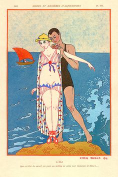 a woman in a bathing suit standing next to a man on the beach