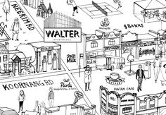 a black and white drawing of a city with people walking around the buildings, shops, and stores