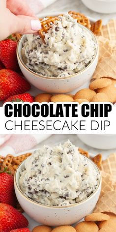 chocolate chip cheesecake dip in a bowl with crackers and strawberries on the side