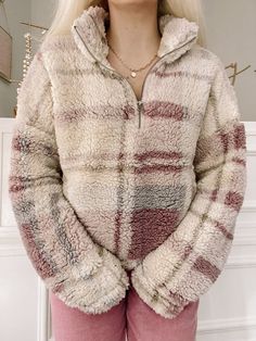 Bowen Quarter Zip Plaid Sherpa | Sassy Shortcake Sherpa Pullover Outfit, Sassy Shortcake, Hoodie Model, Fuzzy Hoodie, Teddy Bear Clothes, Fleece Plaid, London Outfit, Bear Outfits, Sherpa Hoodie