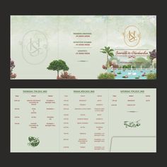 the front and back side of a wedding program with an image of a lake in the background