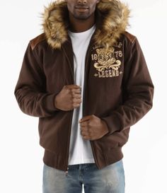 Urban Brown Outerwear With Detachable Hood, Urban Hooded Jacket With Padded Collar For Fall, Brown Winter Outerwear With Detachable Hood, Brown Hooded Jacket With Detachable Hood For Winter, Urban Style Brown Winter Hooded Jacket, Fitted Hooded Jacket With Padded Collar, Streetwear Hooded Jacket With Faux Fur Lining, Brown Hooded Outerwear With Double-lined Hood, Brown Hooded Jacket With Double-lined Hood For Streetwear