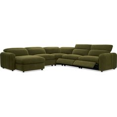 a green sectional sofa with two recliners on the back and one arm extended