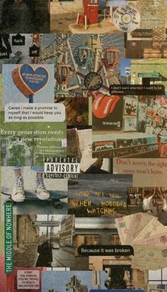 the collage is made up of many different pictures and words, including an image of a