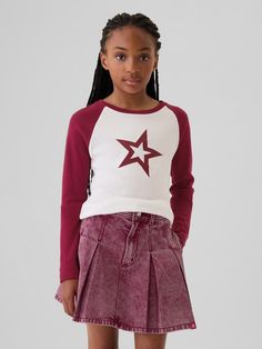 Soft cotton T-shirt.  Crewneck.  Long raglan sleeves.  Gap &#215 American Girl graphics at front and back.  Straight, easy fit.  Hits at the hip.