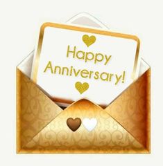 an open envelope with a happy anniversary card in the front and two hearts on it