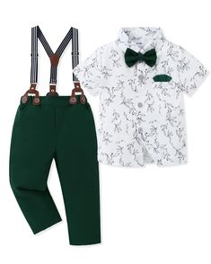 PRICES MAY VARY. High-Quality Fabric: Toddler suit is made of high-quality fabrics, soft and comfortable, breathable, does not irritate the baby's delicate skin. Perfect for spring, summer and fall. Fashion Design: The short-sleeved dress shirt with the matching bowtie, adds a touch of elegance. The suspender pants complete the look with their adjustable and detachable straps. This boys suit set makes your little boy look fashionable and exquisite, showcasing extraordinary quality and style. Occ Toddler Tuxedo, Toddler Boy Dress Clothes, Toddler Suit, Toddler Boy Outfit, Formal Dress Shirt, Suspenders Pants, Outfits Formal, Toddler Suits, Toddler Baby Boy