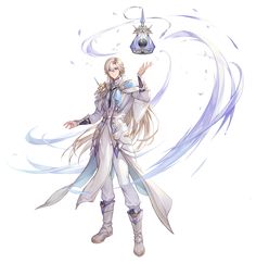 an anime character with long white hair and blue eyes, holding a light bulb in her hand