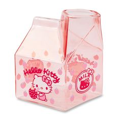 a pink hello kitty milk carton on a white background