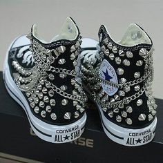 Find many great new & used options and get the best deals for Genuine CONVERSE with studs & chains All-star Chuck Taylor Sneakers Sheos at the best online prices at eBay! Free shipping for many products! Deku Shoes, Studded Converse, Grunge Shoes, Jordans Retro, Black And White Converse, Anime Foods, Goth Shoes, Dr Shoes, Shoes Ideas