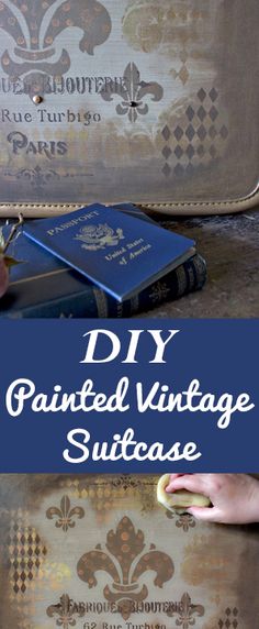 an old suitcase has been painted with gold paint and the words diy painted vintage suitcase