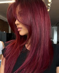 Booking our stylists ASAP! Would you try this color? 🍒  (Image via @lifeoflisag) Wine Red Hair Box Dye, Pillar Box Red Hair, Dark Wine Red Hair Color, Red Over Black Hair, Dark Red Cherry Hair, Bright Burgundy Hair, Cherry Red Brown Hair, Hair Color For Light Skin Tone, Maroon Red Hair