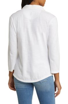 Slubbed cotton jersey brings all-day comfort to a popover top finished with a sporty johnny collar. Johnny collar V-neck Bracelet-length sleeves 100% cotton Machine wash, tumble dry Imported White V-neck Top For Casual Gatherings, White Henley Top For Fall, White Henley Neckline Top For Fall, Cotton Henley Neckline Top For Layering, Casual Cotton Top With 3/4 Sleeves, White 3/4 Sleeve Tops For Layering, Casual Cotton Tops With 3/4 Sleeves, White Henley Neckline Top For Spring, Everyday Cotton Tops With 3/4 Sleeve