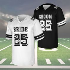 Bride and Groom Matching Football Jersey, Bride Groom Shirts Bride Football Jersey for Wedding, Honeymoon Matching Husband and Wife Shirts * Material: Bird Eye Mesh Fabric * Unisex and Slim fit with a V-neck design * Check the Size Chart on the listing Pictures * Size down for a more feminine/fitted look. * Size up for a larger fit and oversized look. Please double-check size charts on the listing pictures. Since this are Custom Printed Shirts We do not accept exchanges or returns from ordering the incorrect size. Bride Groom Shirts, Bride And Groom Matching, Husband And Wife Shirts, Wife Shirts, Groom Shirts, Wedding Honeymoon, Custom Printed Shirts, Husband And Wife, Football Jersey