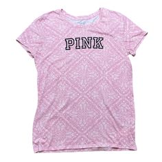 Victoria’s Secret Pink Brand Paisley Short Sleeve Tee Shirt In Pink And White With Black Pink Logo Across The Front Women’s Size Large Brand New With Tags Pink All-over Print Crew Neck Tops, Pink Crew Neck Top With All Over Print, Trendy Pink Printed Tops, Pink Printed Short Sleeve T-shirt, Pink Casual Top With All Over Print, Casual Pink Top With All Over Print, Pink All Over Print T-shirt For Spring, Pink Cotton T-shirt With All Over Print, Casual Cotton Tops With Paisley Print