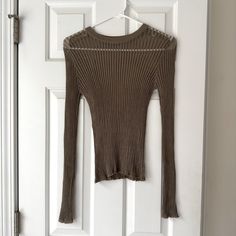 Nwot No Flaws Final Offer Fitted Long Sleeve Neutral Sweater, Neutral Knit Long Sleeve Tops, Khaki Knit Tops For Fall, Khaki Long Sleeve Sweater For Spring, Ribbed Neutral Top For Fall, Ribbed Neutral Sweater For Spring, Fitted Neutral Sweater For Spring, Brown Open Knit Tops For Layering, Fitted Khaki Fall Sweater