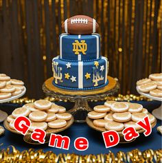 a football themed cake and cookies for a game day party with gold confetti