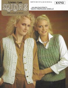 two women standing next to each other wearing sweaters and vests in knitting pattern