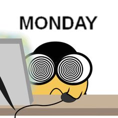 an image of a computer with the words monday on it and a cartoon character wearing glasses