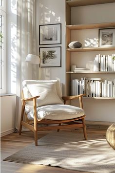 a living room filled with furniture and bookshelves next to a window covered in sunlight