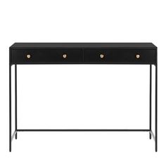 a black console table with two drawers and gold knobs on the bottom, against a white background