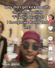 a man wearing sunglasses and a red bandana is talking on his cell phone with the caption'why did i get kicked outa church for yelling f k