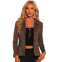 A key piece of this season, the faux suede blazer will give any look an on-trend update. Update your fall wardrobe with this faux suede blazer from Allegra K. This long sleeve blazer pairs beautifully with a range of tops and bottoms, styled with a shirt and skinny jeans for a chic feminine off-duty style. Suit for winter/autumn and for many occasions, such as office, night out, business, or meeting. Trendy Suede Leather Jacket For Work, Fitted Suede Blazer For Fall, Spring Suede Blazer For Workwear, Spring Suede Blazer For Work, Long Sleeve Suede Blazer For Fall, Fall Suede Long Sleeve Blazer, Winter Suede Blazer For Work, Elegant Suede Blazer For Fall, Brown Suede Blazer For Work