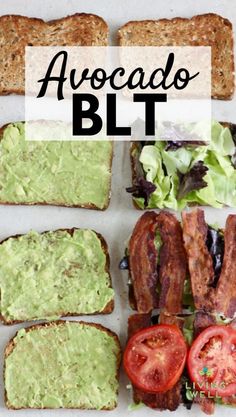 avocado blt sandwich with bacon, lettuce and tomatoes on toast