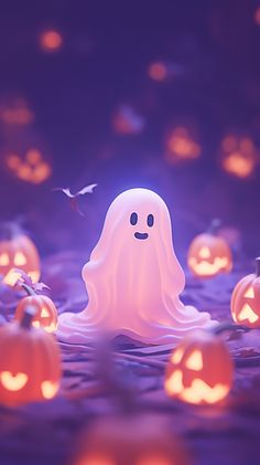 a ghost floating in the water surrounded by pumpkins