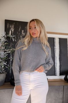 The Elsie oversized turtleneck sweater is a dolman style sweater. The grey turtleneck sweater features turtleneck,... Stretch Turtleneck Cropped Sweater In Soft Knit, Gray Soft Knit Turtleneck Top, Gray Turtleneck Sweater With Ribbed Cuffs, Gray Funnel Neck Sweater For Layering, Gray Turtleneck Tops With Ribbed Cuffs, Gray Stretch Turtleneck Sweater, Oversized Gray Turtleneck Top, Gray Oversized Turtleneck Top, Gray Long Sleeve Turtleneck