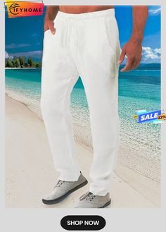 Men's Linen Pants Trousers Summer Pants Beach Pants Drawstring Elastic Waist Plain Breathable Soft Casual Daily Holiday Linen / Cotton Blend Fashion Streetwear Black White Micro-elastic Non-stretch Drawstring Bottoms For Beach, Beach Pants With Drawstring, Straight Solid Color Pants For Beach Season, Vacation Pants With Drawstring, Solid Straight Pants For Beach Season, Solid Straight Beach Season Pants, Leisure Pants With Pockets For Beach Season, Leisure Bottoms With Drawstring For Beach, Leisure Bottoms With Drawstring For Beach Season