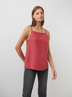 "AMBER is a simple linen strap top with a square neckline. DETAILS - Sleeveless design - Spaghetti straps - Square neckline - Oeko-Tex certified 100% local washed midweight linen - Cut and sewn to order just for you in our studio COLOR - Raspberry, you can also choose other colors above - Fabric samples are available here https://www.etsy.com/listing/586569696/linen-fabric-samples SIZING & FIT - True to size - Model is 5'10\" / 178cm and wearing a size XS CARE FOR LINEN - Machine wash up to 30ºC/86ºF gentle cycle - Lay flat to dry or tumble dry low - Warm iron if needed - Do not bleach SIZE GUIDE Size conversion guide Size XS (US 0-2, IT 36-38, UK 4-6, Japan 3-5, France 32-34) Size S (US 4-6, IT 40-42, UK 8-10, Japan 7-9, France 36-38) Size M (US 8-10, IT 44-46, UK 12-14, Japan 11-13, Fran Square Neck Top With Adjustable Straps For Spring, Summer Square Neck Top With Tie Straps, Square Neck Top With Straps For Spring, Square Neck Tops With Straps For Spring, Summer Square Neck Top With Adjustable Straps, Chic Square Neck Top With Straps, Casual Square Neck Tank Top With Adjustable Straps, Chic Linen Tank Top With Adjustable Straps, Chic Square Neck Top With Adjustable Straps