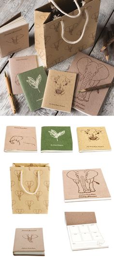 some paper bags with different designs on them