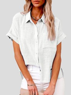 Womens Blouses Casual, Pocket Blouse, Linen Casual, Woman Weaving, Button Front Top, Estilo Chic, Yellow Shirts, Short Sleeve Pattern, Loose Shirts