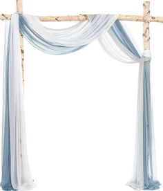 a white and blue wedding arch with sheer drapes