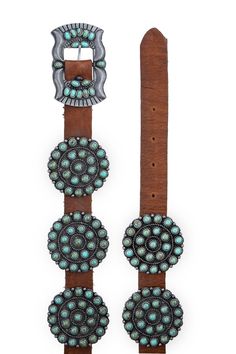 silver-tone concho with faux turquoise stone buckle closure buckle dimensions: 1 7/8"H x 3"W silver-tone cluster conchos with faux turquoise stones concho dimensions: 2 1/8" diameter; 8 conchos total leather 8-10 week delivery Size Medium measures 32" along center of belt from fold at buckle end to center hole. Each size grades 2". Vintage Turquoise Belt With Concho, Turquoise Bohemian Belt With Concho, Southwestern Concho Belt Buckles For Ranch, Turquoise Western Belt With Concho, Western Turquoise Belt With Concho, Southwestern Turquoise Concho Belt Buckles, Adjustable Southwestern Concho Belt Buckles, Church Fits, Double D Ranch