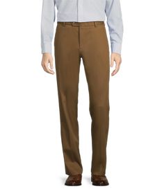 From Roundtree & Yorke&#x2C; these pants feature:Flat frontStraight fitCoreComfort stretch waistband with shirt gripperBelt loopsExtended tab/zip fly with button closureFront slash pockets2 back single welt pockets with button closureStretch fabric that is non-iron&#x2C; non-fade&#x2C; non-shrink&#x2C; and pill-resistantCotton/spandexMachine wash/tumble dryImported. Tailored Flat Front Brown Bottoms, Brown Flat Front Bottoms With Belt Loops, Brown Flat Front Bottoms With Welt Pockets, Chino Pants, Dillard's, Medium Brown, Chinos Pants, Welt Pockets, Welt Pocket