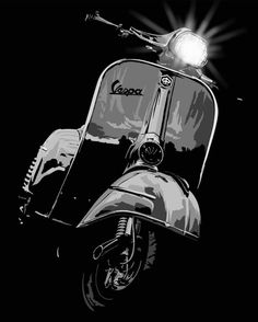 a black and white photo of a scooter with the headlights on it's headlight