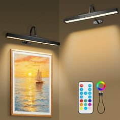 a painting on the wall next to a remote control and light fixture with an image of a sailboat at sunset