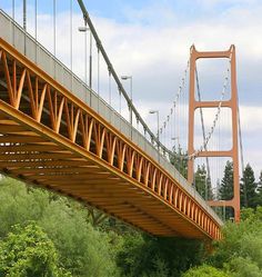 an orange bridge over some water with trees in the foreground