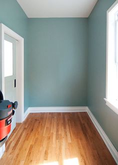 empty room with hard wood flooring and blue paint on the walls, white trim