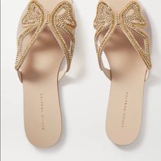 Brand New Slide Sandals. Designer Embellished Sandals For Spring, Designer Embellished Open Toe Sandals, Luxury Embellished Summer Sandals, Chic Flat Embellished Sandals, Luxury Synthetic Sandals For Vacation, Designer Embellished Flat Sandals, Luxury Embellished Synthetic Sandals, Designer Synthetic Sandals For Summer, Luxury Synthetic Sandals For Summer