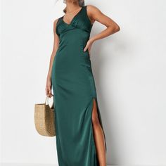 Gathered Ruched Bust Satin Dress Dark Green Us Size 6 H10 Ruched Satin Maxi Dress With V-neck, Green Ruched Satin Maxi Dress, Green Ruched Dress For Date Night, Summer Ball, Satin Shirt Dress, Strappy Midi Dress, Missguided Dress, Dark Green Color, White Polka Dot Dress