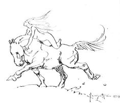 a black and white drawing of a horse running