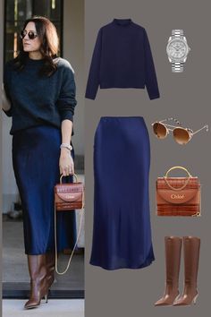 Outfit Inspo | Dark Navy High Collar Sweater with Satin Blue Maxi Skirt | Styled with Brown Knee High Leather Boots and Brown Mini Side Bag | Skirt Outfit Ideas | Winter Style | Women's Outfit Inspiration | Casual Outfit Fashion |Office Fashion Mini Skirt Work Outfit Winter, Satin Dress Knee High Boots, Midi Blue Skirt Outfit, Navy Blue Office Outfit, Satin Navy Skirt Outfit, Navy Blazer And Dress Outfit, Blue Navy Skirt Outfit, Skirts For Winter Outfits, Dark Blue Midi Skirt Outfit