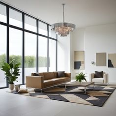 a living room with couches, chairs and a chandelier hanging from the ceiling