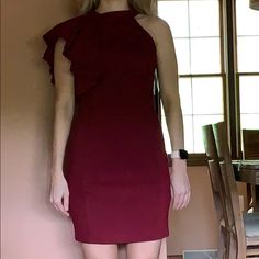 This Sleeveless Maroon Bodycon Dress Was Never Actually Worn And Tags Are Still On. It Has Amazing Detail On One Shoulder (Ruffled) Hits Above Knee Burgundy Sleeveless Stretch Dress, Burgundy Sleeveless Mini Dress For Evening, Burgundy Sleeveless Mini Dress For Spring, Sleeveless Burgundy Mini Dress For Spring, Burgundy Stretch Sleeveless Dress, Burgundy Sleeveless Dress With Ruffles, Burgundy Sleeveless Ruffled Dress, Elegant Sleeveless Burgundy Mini Dress, Stretch Ruched Sleeveless Knee-length Dress