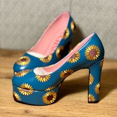 Brand New Blue Heels From Fuchsia Pink With Embroidered Sunflowers. These Run Large! Recommend Buying If You Are Usually Us 9/9.5 Embroidered Sunflowers, Pink Shoes Heels, Red Wedge Heels, Low Block Heel Pumps, Taupe Heels, Mermaid Vibes, Fringe Heels, Sparkle Heels, Michael Kors Heels