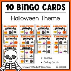 halloween themed printables with the words, 10 bingo cards and an image of a skeleton